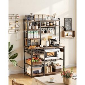 kitchen bakers rack, 5 ft power cable bakers rack with power outlet, kitchen stand with x shaped support bar, 10 s shaped hooks, coffee bar stand for dishes, spice bottles, built in power strip