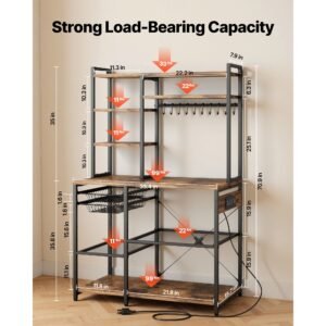 kitchen bakers rack, 5 ft power cable bakers rack with power outlet, kitchen stand with x shaped support bar, 10 s shaped hooks, coffee bar stand for dishes, spice bottles, built in power strip