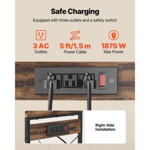 kitchen bakers rack, 5 ft power cable bakers rack with power outlet, kitchen stand with x shaped support bar, 10 s shaped hooks, coffee bar stand for dishes, spice bottles, built in power strip
