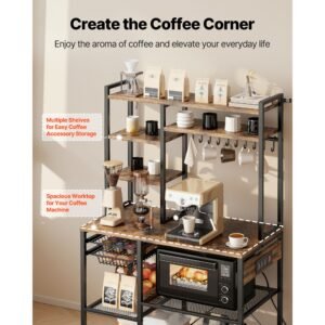 kitchen bakers rack, 5 ft power cable bakers rack with power outlet, kitchen stand with x shaped support bar, 10 s shaped hooks, coffee bar stand for dishes, spice bottles, built in power strip