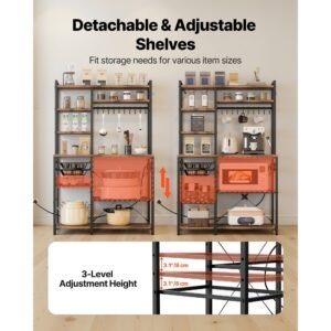 kitchen bakers rack, 5 ft power cable bakers rack with power outlet, kitchen stand with x shaped support bar, 10 s shaped hooks, coffee bar stand for dishes, spice bottles, built in power strip