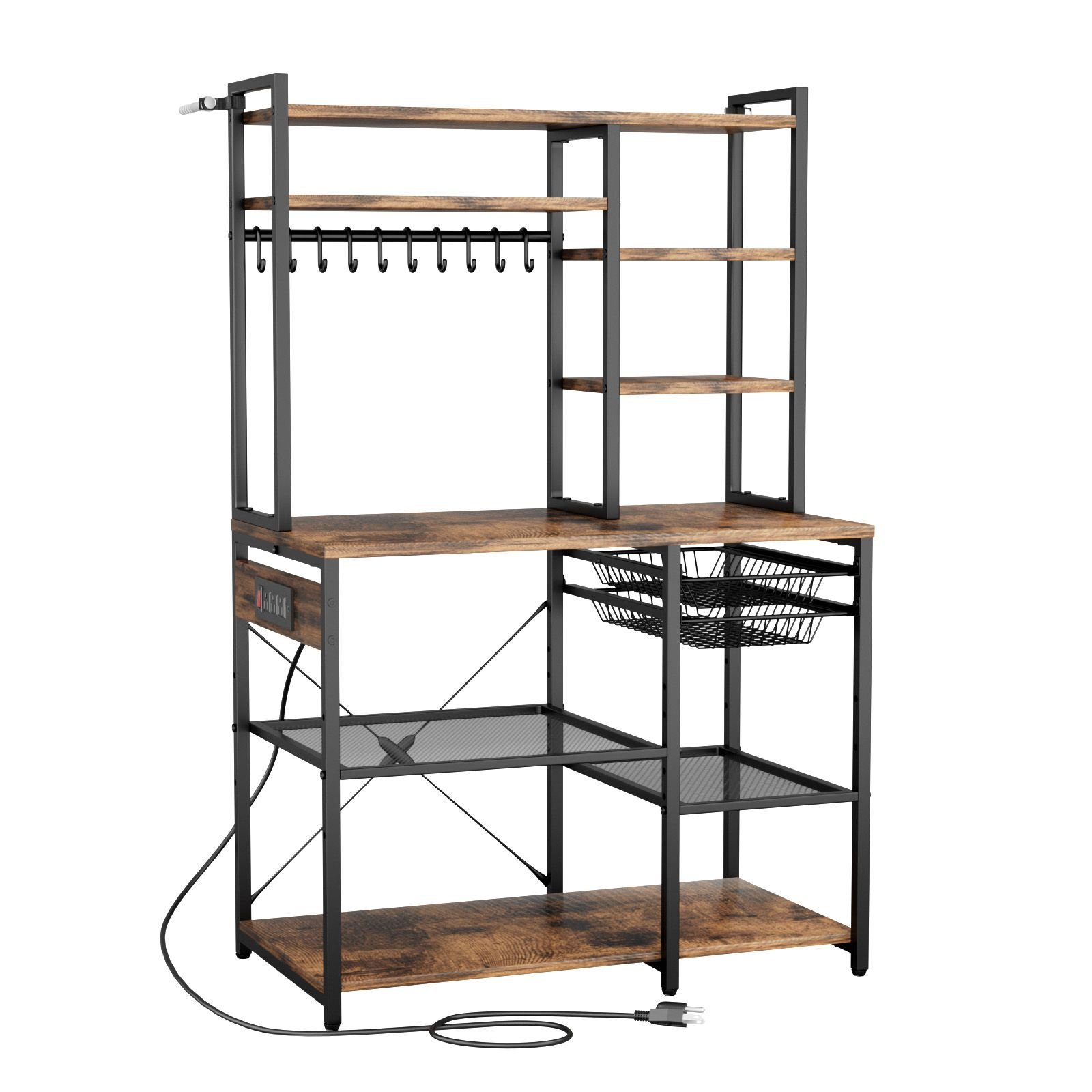 kitchen bakers rack, 5 ft power cable bakers rack with power outlet, kitchen stand with x shaped support bar, 10 s shaped hooks, coffee bar stand for dishes, spice bottles, built in power strip