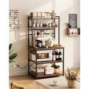 kitchen bakers rack, 5 ft power cable bakers rack with power outlet, kitchen stand with x shaped support bar, 12 s shaped hooks, coffee bar stand for dishes, spice bottles, built in power strip