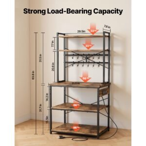 kitchen bakers rack, 5 ft power cable bakers rack with power outlet, kitchen stand with x shaped support bar, 12 s shaped hooks, coffee bar stand for dishes, spice bottles, built in power strip