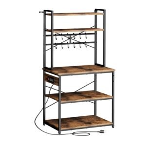 Kitchen Bakers Rack, 5 ft Power Cable Bakers Rack with Power Outlet, Kitchen Stand with X-Shaped Support Bar, 12 S-Shaped Hooks, Coffee Bar Stand for Dishes, Spice Bottles, Built-In Power Strip