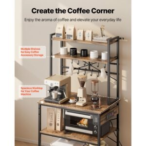 kitchen bakers rack, 5 ft power cable bakers rack with power outlet, kitchen stand with x shaped support bar, 12 s shaped hooks, coffee bar stand for dishes, spice bottles, built in power strip