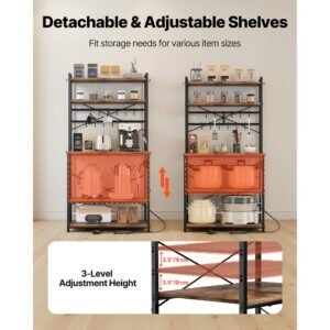 kitchen bakers rack, 5 ft power cable bakers rack with power outlet, kitchen stand with x shaped support bar, 12 s shaped hooks, coffee bar stand for dishes, spice bottles, built in power strip