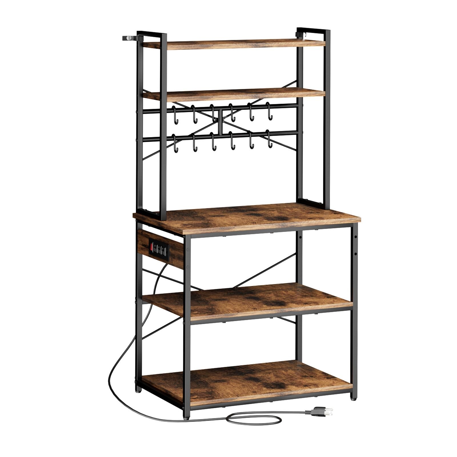 kitchen bakers rack, 5 ft power cable bakers rack with power outlet, kitchen stand with x shaped support bar, 12 s shaped hooks, coffee bar stand for dishes, spice bottles, built in power strip