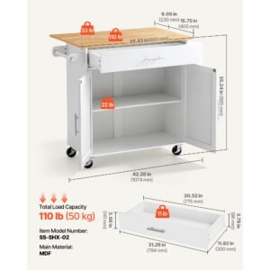 kitchen island cart with storage, 42.28 in wide mobile rolling storage island on swivel wheels, with drawer, storage cabinet, drop leaf, spice rack, table for home dining room, white