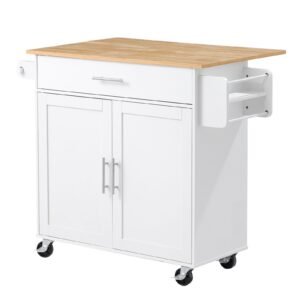 Kitchen Island Cart with Storage, 42.28 in Wide Mobile Rolling Storage Island on Swivel Wheels, with Drawer, Storage Cabinet, Drop Leaf, Spice Rack, Table for Home Dining Room, White