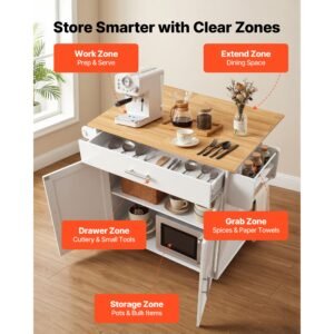 kitchen island cart with storage, 42.28 in wide mobile rolling storage island on swivel wheels, with drawer, storage cabinet, drop leaf, spice rack, table for home dining room, white