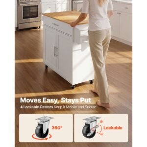 kitchen island cart with storage, 42.28 in wide mobile rolling storage island on swivel wheels, with drawer, storage cabinet, drop leaf, spice rack, table for home dining room, white