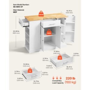 kitchen island cart with storage, 42.36 in wide island table for kitchen, with 2 drawers, storage cabinet, table for home dining room, white