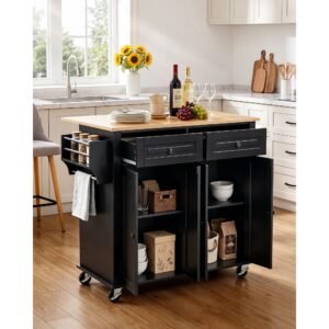 kitchen island cart with storage, 43.58 in wide mobile rolling storage island on swivel wheels, with 2 drawers, storage cabinet, drop leaf, spice/towel rack, table for home dining room, black