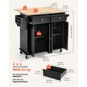 kitchen island cart with storage, 43.58 in wide mobile rolling storage island on swivel wheels, with 2 drawers, storage cabinet, drop leaf, spice/towel rack, table for home dining room, black