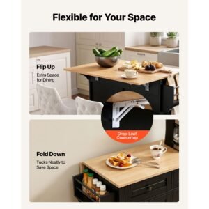 kitchen island cart with storage, 43.58 in wide mobile rolling storage island on swivel wheels, with 2 drawers, storage cabinet, drop leaf, spice/towel rack, table for home dining room, black