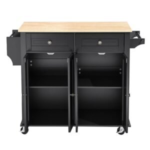 Kitchen Island Cart with Storage, 43.58 in Wide Mobile Rolling Storage Island on Swivel Wheels, with 2 Drawers, Storage Cabinet, Drop Leaf, Spice/Towel Rack, Table for Home Dining Room, Black