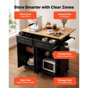 kitchen island cart with storage, 43.58 in wide mobile rolling storage island on swivel wheels, with 2 drawers, storage cabinet, drop leaf, spice/towel rack, table for home dining room, black