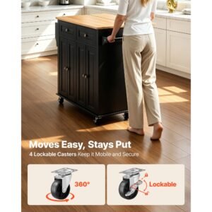 kitchen island cart with storage, 43.58 in wide mobile rolling storage island on swivel wheels, with 2 drawers, storage cabinet, drop leaf, spice/towel rack, table for home dining room, black