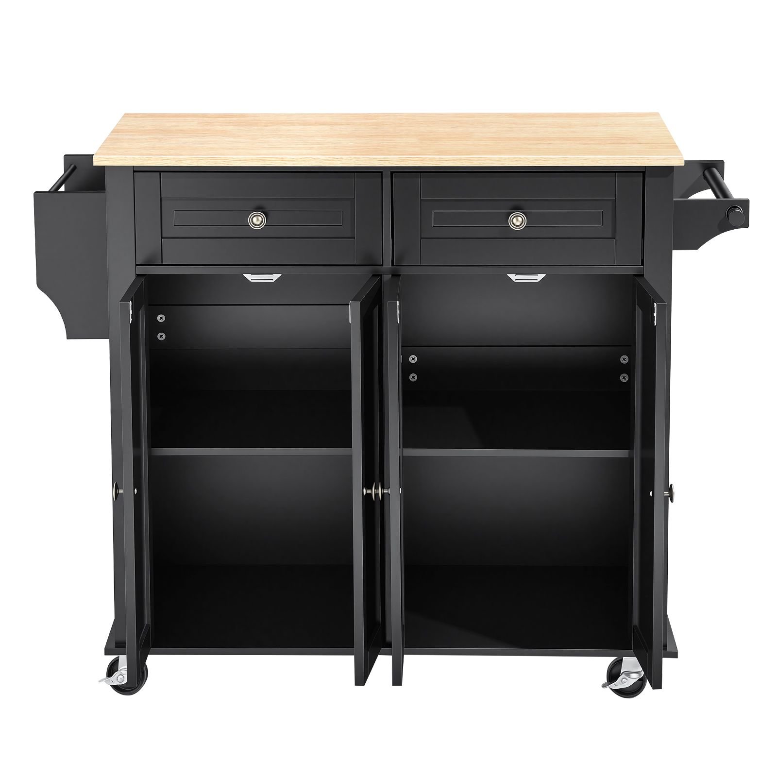 kitchen island cart with storage, 43.58 in wide mobile rolling storage island on swivel wheels, with 2 drawers, storage cabinet, drop leaf, spice/towel rack, table for home dining room, black