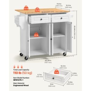 kitchen island cart with storage, 43.58 in wide mobile rolling storage island on swivel wheels, with 2 drawers, storage cabinet, drop leaf, spice/towel rack, table for home dining room, white