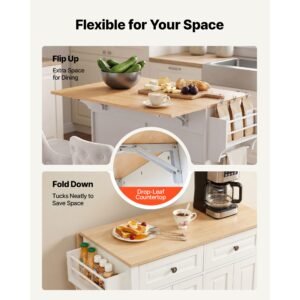 kitchen island cart with storage, 43.58 in wide mobile rolling storage island on swivel wheels, with 2 drawers, storage cabinet, drop leaf, spice/towel rack, table for home dining room, white