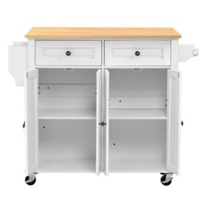 Kitchen Island Cart with Storage, 43.58 in Wide Mobile Rolling Storage Island on Swivel Wheels, with 2 Drawers, Storage Cabinet, Drop Leaf, Spice/Towel Rack, Table for Home Dining Room, White