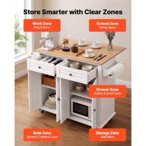 kitchen island cart with storage, 43.58 in wide mobile rolling storage island on swivel wheels, with 2 drawers, storage cabinet, drop leaf, spice/towel rack, table for home dining room, white