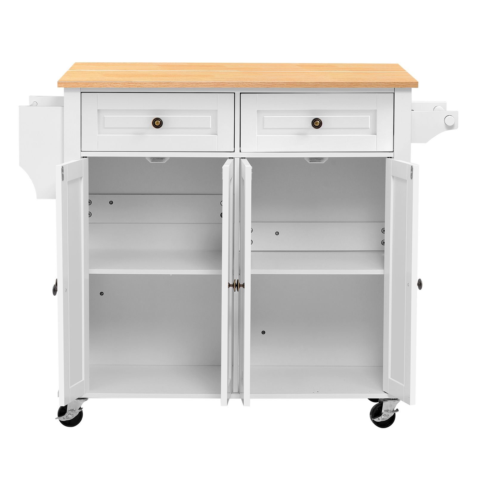 kitchen island cart with storage, 43.58 in wide mobile rolling storage island on swivel wheels, with 2 drawers, storage cabinet, drop leaf, spice/towel rack, table for home dining room, white