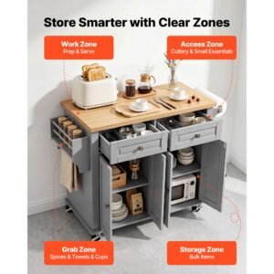 kitchen island cart with storage, 43.7 in wide mobile rolling storage island on swivel wheels, with 2 drawers, storage cabinet, spice/towel rack, hooks, table for home dining room, gray