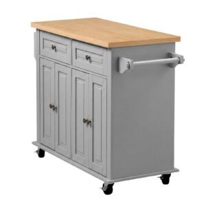Kitchen Island Cart with Storage, 43.7 in Wide Mobile Rolling Storage Island on Swivel Wheels, with 2 Drawers, Storage Cabinet, Spice/Towel Rack, Hooks, Table for Home Dining Room, Gray