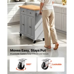 kitchen island cart with storage, 43.7 in wide mobile rolling storage island on swivel wheels, with 2 drawers, storage cabinet, spice/towel rack, hooks, table for home dining room, gray