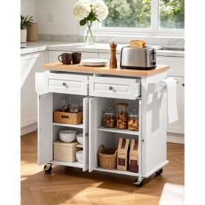 kitchen island cart with storage, 43.7 in wide mobile rolling storage island on swivel wheels, with 2 drawers, storage cabinet, spice/towel rack, hooks, table for home dining room, white