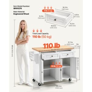 kitchen island cart with storage, 43.7 in wide mobile rolling storage island on swivel wheels, with 2 drawers, storage cabinet, spice/towel rack, hooks, table for home dining room, white