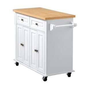 Kitchen Island Cart with Storage, 43.7 in Wide Mobile Rolling Storage Island on Swivel Wheels, with 2 Drawers, Storage Cabinet, Spice/Towel Rack, Hooks, Table for Home Dining Room, White