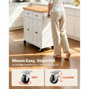 kitchen island cart with storage, 43.7 in wide mobile rolling storage island on swivel wheels, with 2 drawers, storage cabinet, spice/towel rack, hooks, table for home dining room, white