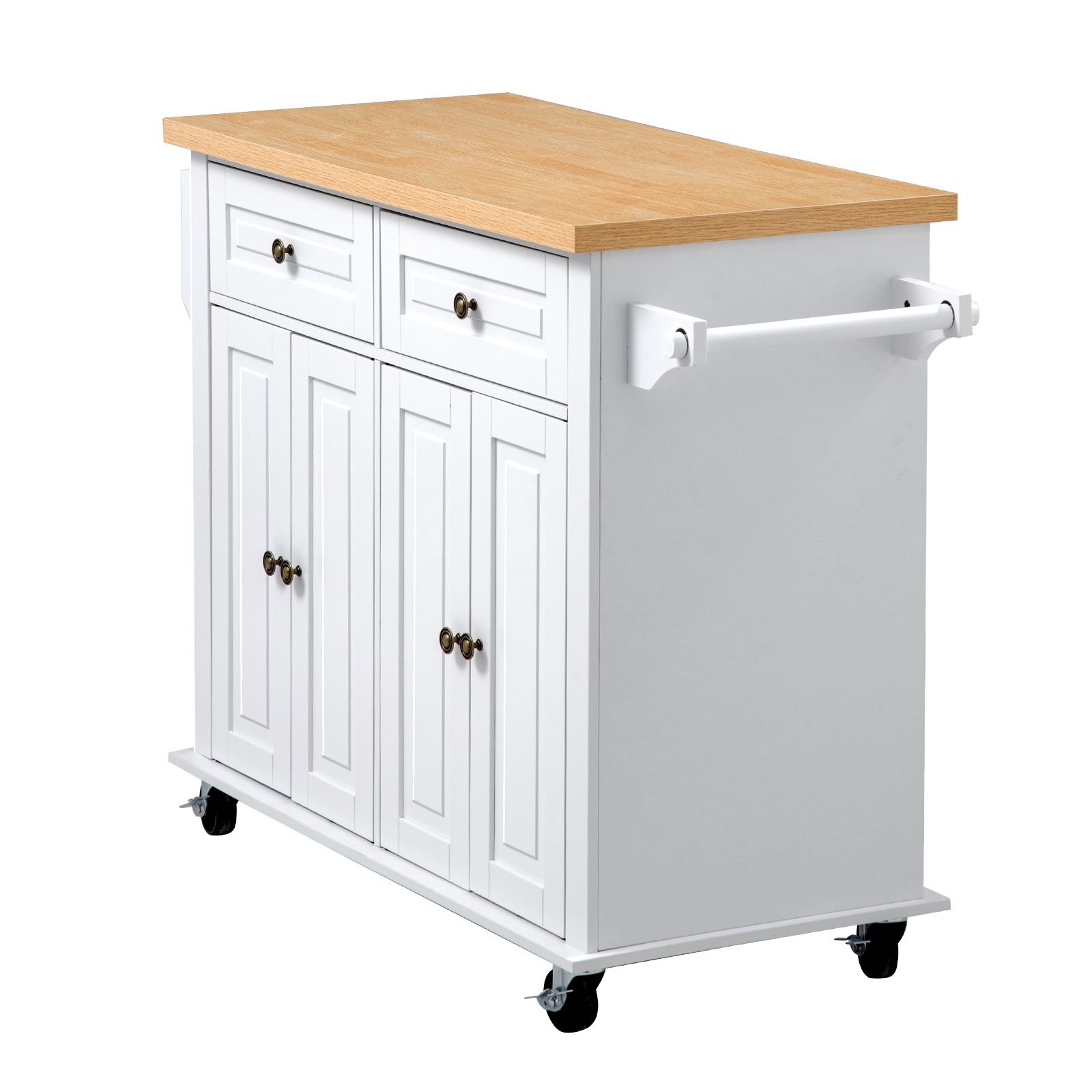 kitchen island cart with storage, 43.7 in wide mobile rolling storage island on swivel wheels, with 2 drawers, storage cabinet, spice/towel rack, hooks, table for home dining room, white