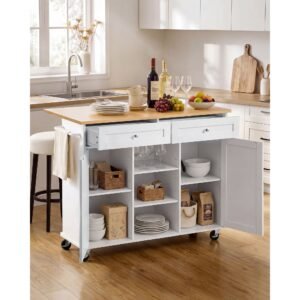 kitchen island cart with storage, 45.67 in wide mobile rolling storage island on swivel wheels, with 2 drawers, storage cabinet, drop leaf, towel rack, table for home dining room, white