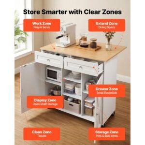 kitchen island cart with storage, 45.67 in wide mobile rolling storage island on swivel wheels, with 2 drawers, storage cabinet, drop leaf, towel rack, table for home dining room, white