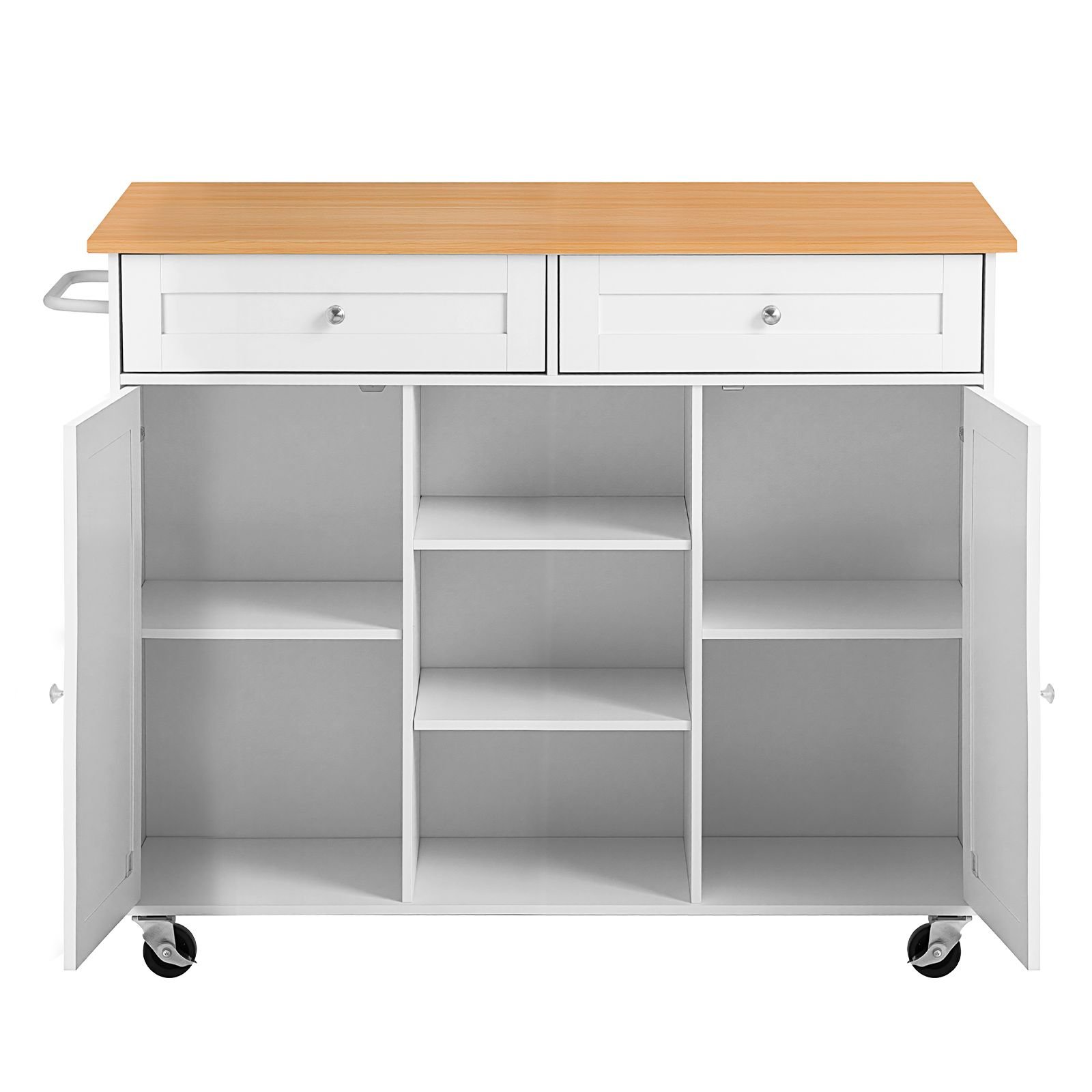 kitchen island cart with storage, 45.67 in wide mobile rolling storage island on swivel wheels, with 2 drawers, storage cabinet, drop leaf, towel rack, table for home dining room, white