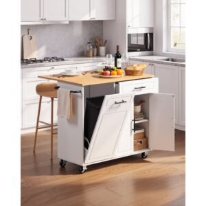 kitchen island cart with storage, 46.06 in wide mobile rolling storage island on swivel wheels, with drawer, storage cabinet, drop leaf, spice/towel rack, table for home dining room, white