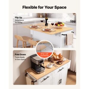 kitchen island cart with storage, 46.06 in wide mobile rolling storage island on swivel wheels, with drawer, storage cabinet, drop leaf, spice/towel rack, table for home dining room, white