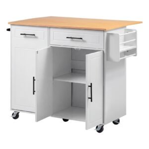 Kitchen Island Cart with Storage, 46.06 in Wide Mobile Rolling Storage Island on Swivel Wheels, with Drawer, Storage Cabinet, Drop Leaf, Spice/Towel Rack, Table for Home Dining Room, White