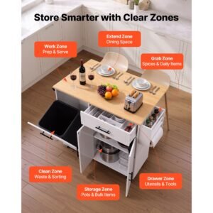 kitchen island cart with storage, 46.06 in wide mobile rolling storage island on swivel wheels, with drawer, storage cabinet, drop leaf, spice/towel rack, table for home dining room, white