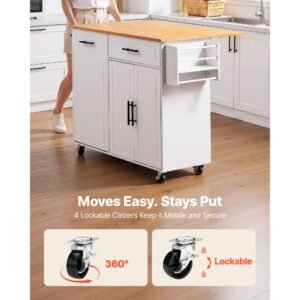 kitchen island cart with storage, 46.06 in wide mobile rolling storage island on swivel wheels, with drawer, storage cabinet, drop leaf, spice/towel rack, table for home dining room, white