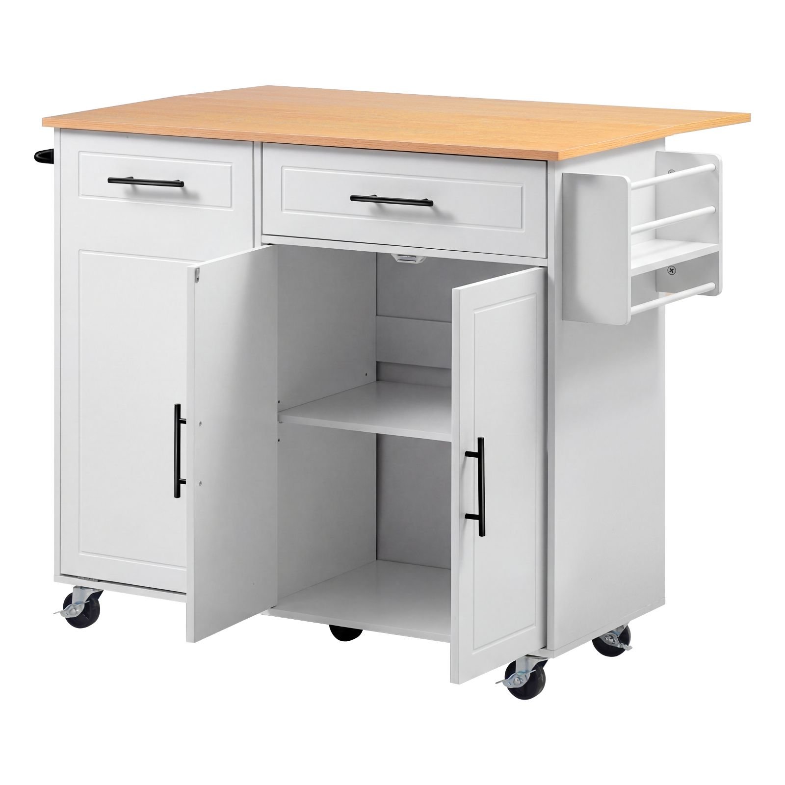 kitchen island cart with storage, 46.06 in wide mobile rolling storage island on swivel wheels, with drawer, storage cabinet, drop leaf, spice/towel rack, table for home dining room, white