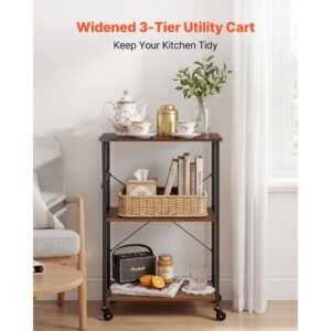 kitchen utility cart, 3 tier 23.7 in microwave stand coffee cart, heavy duty storage rack, service trolley on wheels, industrial rolling work table with 8 hooks, for mini oven, toaster, vintage