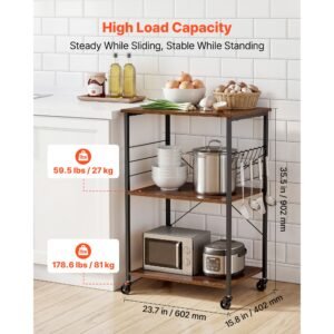 kitchen utility cart, 3 tier 23.7 in microwave stand coffee cart, heavy duty storage rack, service trolley on wheels, industrial rolling work table with 8 hooks, for mini oven, toaster, vintage