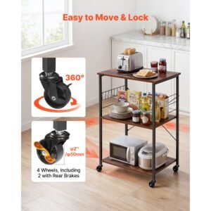kitchen utility cart, 3 tier 23.7 in microwave stand coffee cart, heavy duty storage rack, service trolley on wheels, industrial rolling work table with 8 hooks, for mini oven, toaster, vintage