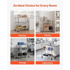kitchen utility cart, 3 tier heavy duty adjustable wire storage rack, commercial steel rolling service trolley on wheels, work table with handle bar, for garage and laundry room, 35x17.8x40.9 in